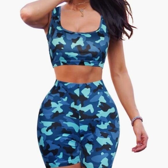 Medium Blue Camo Bodycon Tank Crop Top Shorts Sets Club 2 Piece Outfit - Picture 2 of 6